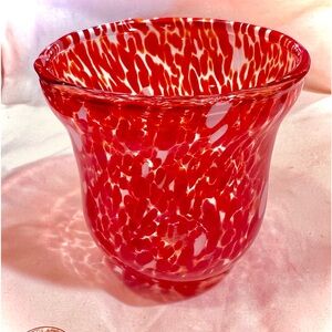 ART GLASS /Studio/HANDBLOWN CONFETTI design, Clear w/ Red & White pattern